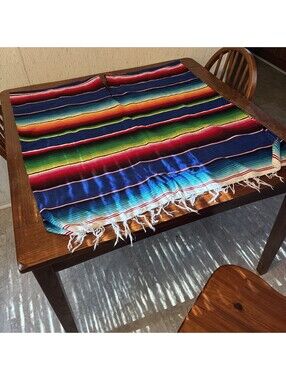 Mexican Sarape Poncho Center Neck Slit Woven Wool Colorful Stripe Fringed